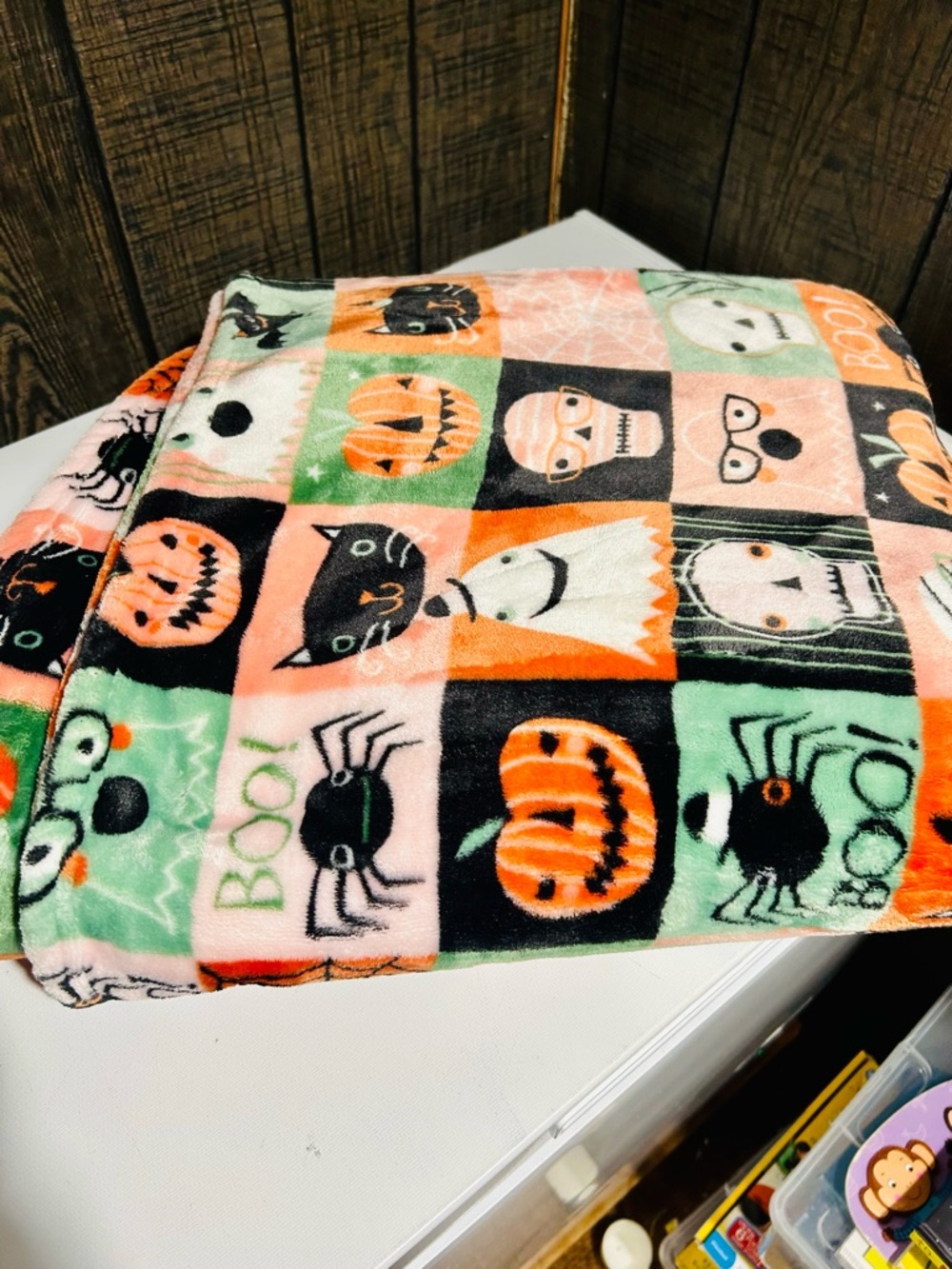 cupcakes & cashmere Halloween Patchwork Plush Throw - Orange, Black, Green, Pink